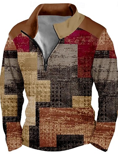  Per uomo Geometrico Plaid Astratto Felpa Sport Moda Manica Lunga Con cerniera Casa Feste Lavoro Marrone Autunno Tutte le stagioni progettista