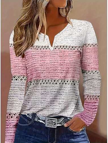  Per donna Maglietta Grafico A righe Geometria Vintage Elegante Classico Manica Lunga Scollo a V Collo a V Top Regolari Quotidiano Weekend Stampato Rosa polverosa Primavera Autunno Inverno