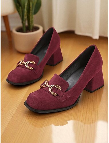  Mocassins à talon carré en daim bordeaux pour femmes - chaussures habillées à enfiler à bout carré avec détail mors doré, style rétro classique pour le bureau, les tenues d'affaires et les occasions