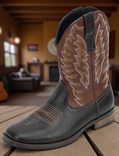  Heren western cowboylaarzen met vierkante neus, instappers tot de kuit, werkrijlaarzen, casual schoenen in landelijke stijl voor dagelijks gebruik
