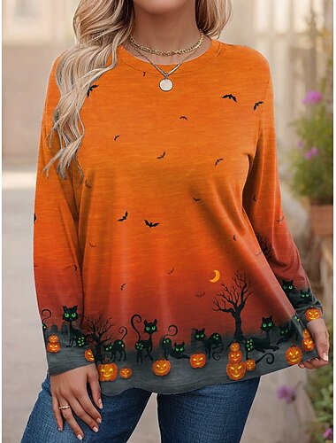  ハロウィン レディース プラスサイズ トップス Tシャツ グラフィック パンプキンプリント 長袖 クルーネック カジュアル デイリー ポリエステル 秋 冬 ブルー パープル