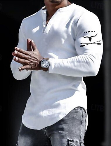  Herren Graphic Cowboy Henley Shirt Langarm 3D-Druck Modisch Täglich Brautkleider schlicht Casual Festtage Ausgehen Frühling & Herbst Schwarz Weiß Gelb Grau Henley Henley T-Shirt