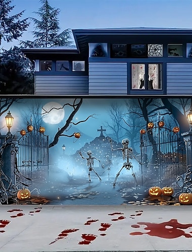  Κάλυμμα γκαραζόπορτας για το Halloween, χορευτικοί σκελετοί, πανό, σκηνή πύλης νεκροταφείου με φανάρια κολοκύθας, τρομακτικό στοιχειωμένο φόντο νεκροταφείου, ταπισερί για εξωτερική διακόσμηση
