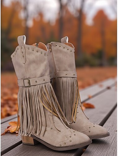  Bottes hautes en similicuir marron pour femme, à franges, avec détails cloutés et talons bas, style cowboy bohème western