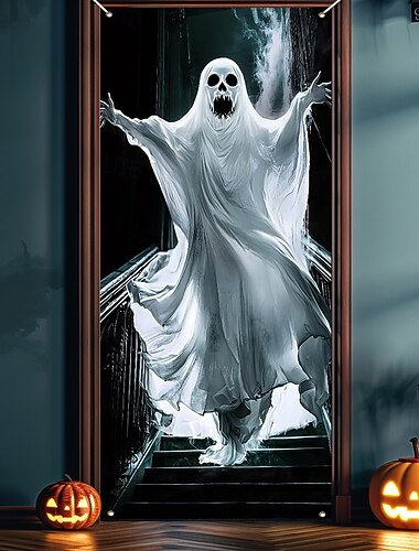  Καλύμματα πόρτας για το Halloween, τρομακτική αιματηρή γυναίκα-φάντασμα, διακόσμηση κουρτίνας πόρτας για το Halloween του 2025, φόντο για την πόρτα, πανό για μπροστινή πόρτα, αγροικία, πάρτι
