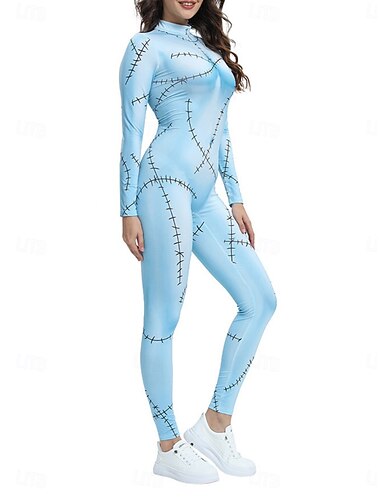  Dam Vanligt Jumpsuits Semester Grafisk Långärmad Polokrage Hög midja Mönster Fest Halloween Normal Svart Blå Ljusblå Sommar