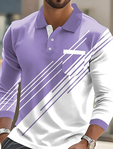  Męskie Geometryczny Gra polo Długi rękaw Koszulki polo Klapa Biznesowy swobodny Athleisure Dzienne zużycie Kieszeń Druk 3D Guziki Wiosna Jesień Błękit jeziora Czarny Niebieski