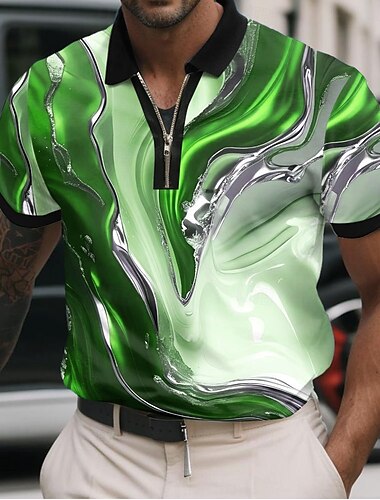  Voor heren Marmer Poloshirts met rits Korte mouw Poloshirt Overhemden met kraag Casual Sportkleding Alledaagse kleding 3D-afdrukken Zomer Rood blauw Groen