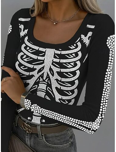  Γυναικείο T-shirt κρανία ribbed γραφικών τετράγωνη λαιμόκοψη μακρύ μανίκι casual γράμμα vintage στυλάτο κλασικό κανονικά ρούχα καθημερινές εκτυπώσεις μπορντό μαύρο μοβ πορτοκαλί καφέ άνοιξη φθινόπωρο