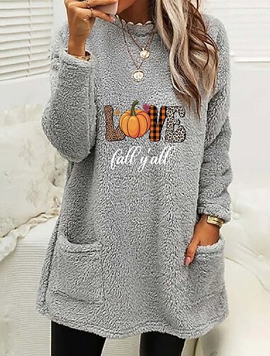  Halloween Kvinners Pullover Sweatshirt Bokstaver Elegant Varm Teddy Langermet Crew Neck Lange Topper Hvit Rosa Blå Grå Vår Høst Vinter Vår Høst Vinter Sommer