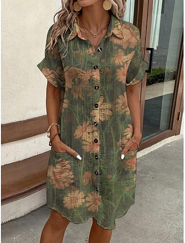  Per donna Mini Abito Abito Camicia Vestito Casual Abito Stampato Moda Moderno Quotidiano Spiaggia Weekend Vestibilità regolare Floreale Manica Corta Colletto a Camicia Verde Estate Primavera Autunno