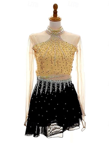  Kunstløpskjole dame jenteskøytekjole svart gyllen åpen rygg asymmetrisk fald netting høy elastisitet treningsklær konkurranse skøyteklær klassisk krystall / strass langermet skøytekjole figur