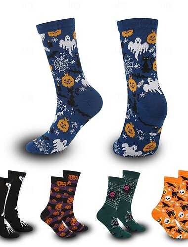  Calcetines de algodón con diseño de calabaza para Halloween, calcetines casuales de media pantorrilla que absorben la humedad, medias unisex de gran tamaño y estilo urbano moderno.