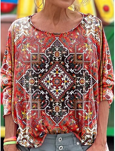  Damen Bluse Blumen Vintage Ethnisch Langarm Rundhalsausschnitt Normale Oberteile Täglich Ferien Druck Rote Blau Frühling Herbst