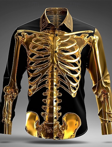 Camisa de botão de manga longa com acabamento de metal para homens fantasias de esqueleto estilo punk gótico escuro vestuário ao ar livre para feriados de verão e primavera com impressão 3D colarinho   Camisa de botão de manga longa com acabamento de metal para homens fantasias de esqueleto estilo punk gótico escuro vestuário ao ar livre para feriados de verão e primavera com impressão 3D colarinho