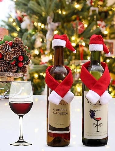  10 peças de cachecóis e chapéus para garrafas de vinho de Natal, decoração criativa para casa, decorações de garrafas não tecidas, embalagens para garrafas de vinho de Natal