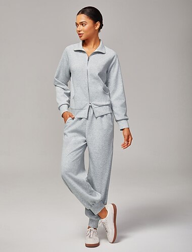  tuta da donna in maglia elasticizzata grigio mélange di alta qualità, coordinata, collo alto, tasche con doppia cerniera, casual, elegante, comoda, in cotone, per tutti i giorni, lavoro, versatile, autunno