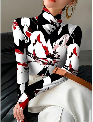  Naisten T-paita Kukka Kuvitettu Tyylikäs Vintage Klassinen Pitkähihainen Poolokaulus poolokaulus Epäsymmetrinen kaula Tavalliset topit Päivittäin Painettu Porrastettu Rubiini Apila Kevät Syksy Talvi