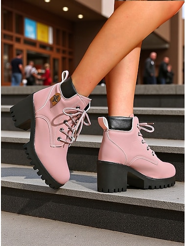  Bottines roses à lacets pour femmes avec talons épais et semelles crantées - chaussures de mode urbaine tendance pour les tenues de style urbain