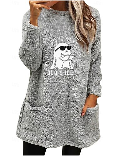  Halloween Kvinners Pullover Sweatshirt Spøkelse Grafikk Varm Teddy Romantisk Langermet Rund Hals Lange Topper Casual Svart Rosa Blå Grå Vår Høst Vinter