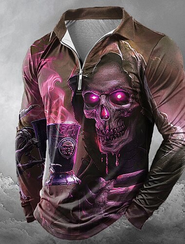  Halloween Homme Crânes Polos à zip manche longue Polos Revers Occasionnel Horreur Sombre Extérieur Tenue de fête Impression 3D Printemps Automne Hiver Rouge Bleu Violet