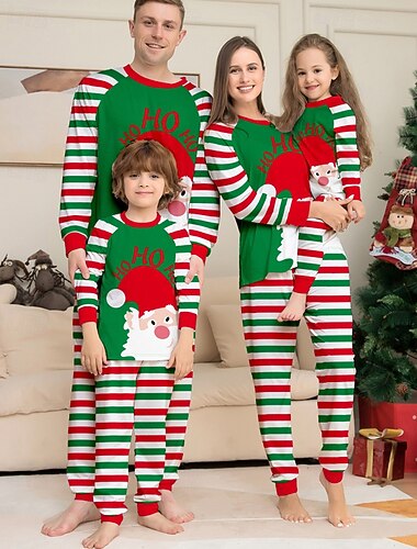  ファミリールック パジャマ クリスマス柄 家 パッチワーク グリーン 長袖 活発的 マッチング衣装