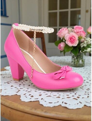  Roze imitatieleren pumps met ronde neus voor dames - instapschoenen met dikke hak, strikaccent en parel enkelbandje, retro vrouwelijke stijl uit de jaren 50 voor bruiloften en vintage outfits