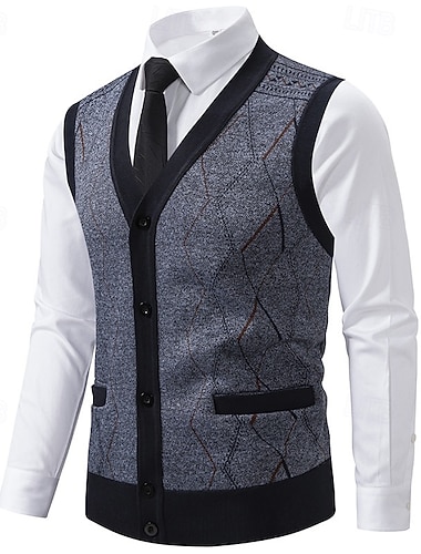  Муж. Вязаная ткань Свитер жилет Платье-свитер Кардиган Вязаный свитер Рельефный узор Вязать Обычные топы Трикотаж Рельефный узор Геометрический принт V-образный вырез Мода Шали Бизнес Повседневные