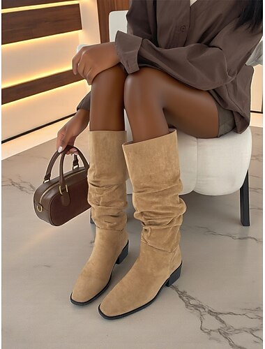  Botas femininas de cano alto com salto baixo e salto baixo - sapatos casuais chiques para streetwear urbano e looks do dia a dia