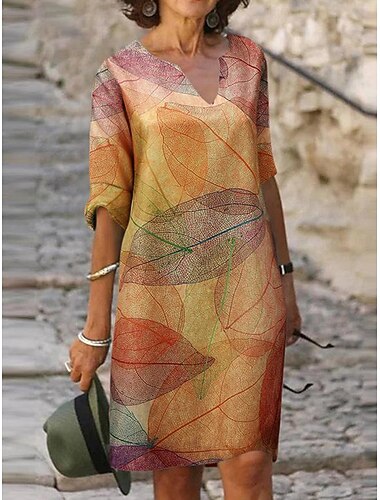  Per donna Mini Abito Abito a Tubino Abito Estivo Formale Quotidiano Vestibilità regolare Grafico Foglia Manica 3/4 Scollo a V Giallo Marrone Verde Estate Primavera