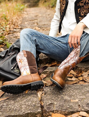  Voor heren Laarzen Cowboy westernlaarzen Geborduurd Retro Handgemaakte schoenen Wandelen Sportief Casual Buiten PU Leder Comfortabel Anti-slip Kuitlaarzen Leegloper Geel-Bruin Bruin Zomer Herfst