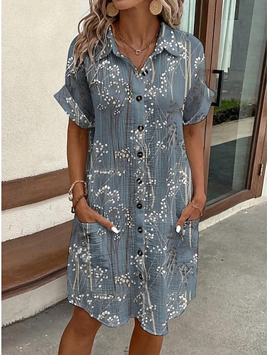  Damen Minikleid Hemdblusenkleid Freizeitkleid Druckkleid Mode Modern Täglich Strand Wochenende Normale Passform Blumen Kurzarm Hemdkragen Blau Sommer Frühling Herbst