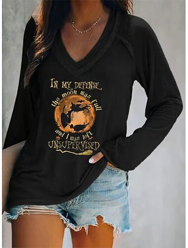  女性用Tシャツ ウィッチ ロングスリーブ Vネック ロングスリーブ グラフィック カジュアル レターヴィンテージ スタイリッシュ ウエスタントップ デイリー ウィークエンド バケーションウェア プリント 黒 白 ピンク 赤 青 春 秋 プレフォール