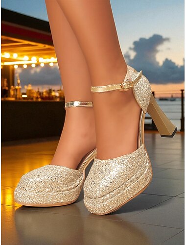  Gouden glitter plateau hoge hakken voor dames, dikke enkelband partypumps voor het nachtleven en cluboutfits