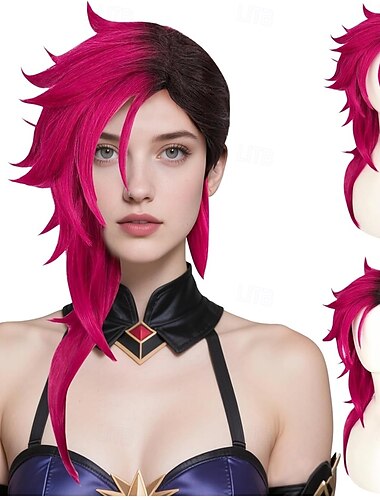  parrucca anime rosa shocking da donna, parrucca cosplay a strati nera e rossa, per feste di Halloween, capelli sintetici resistenti al calore