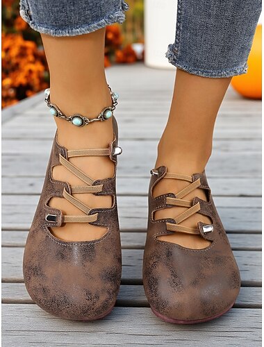  Zapatos planos anchos de piel sintética marrón oscuro para mujer con tiras ajustables: zapatos casuales retro cómodos para uso diario y para caminar.