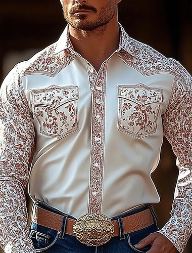  Férfi Virágminta Virágok Ing Nyugati ing Cowboy ing Hosszú ujj Vintage Retro Szabadtéri Hétköznapi Munkaruha Tavasz Ősz Térfogatcsökkenés Elöl két zseb Vászonszerű ing Gombolható ingek Fehér Arcpír