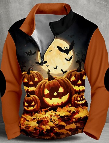  Halloween Per uomo Zucca Felpa Punk Manica Lunga Collo Alto Feste Club Arancione Cerniera Zip a un quarto Autunno Inverno progettista