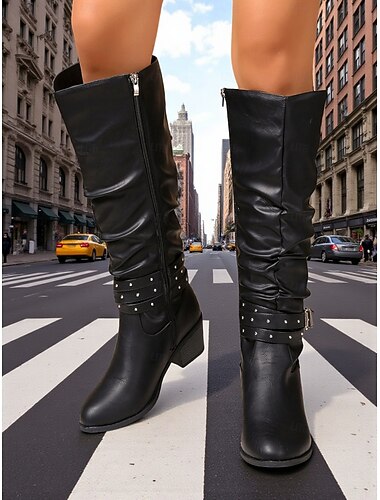  Bottes d'équitation montantes en similicuir noir pour femme - style western souple avec sangle à boucle pour tenues d'automne, équitation et festivals country