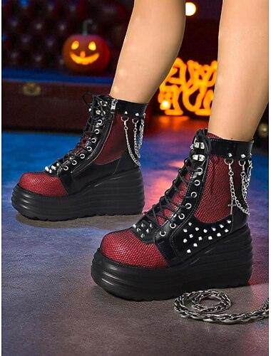  Rode mesh platform biker boots voor dames met studs en kettingen - gothic punk veterlaarsjes met hoge hak voor Halloween, concerten en alternatieve streetwear