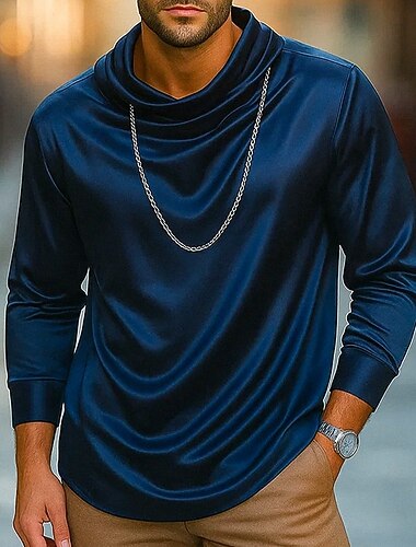  Per uomo Camicia Come la seta Camicia in raso Camicia casual Tinta unica Matrimonio Vacanza Argento Blu marino Oro Manica Lunga Collo di pile Autunno Primavera & Autunno Abbigliamento Arricciato