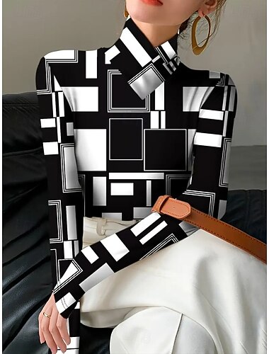  Dame T skjorte Grafisk Geometrisk Fargeblokk Elegant Årgang Stilfull Langermet Høyhalset Asymmetrisk hals Vanlige topper Daglig Trykt mønster Lag-på-lag Svart Rosa Grønn Vår Høst Vinter