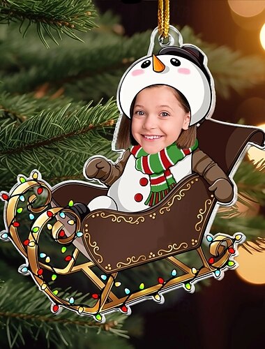  קישוטי חג המולד עם תמונה מותאמת אישית, פנים מקסימות של תינוק עם מזחלת סנטה קלאוס, קישוטי עץ חג המולד, קישוטי חג המולד, תליון תלוי, מתנות