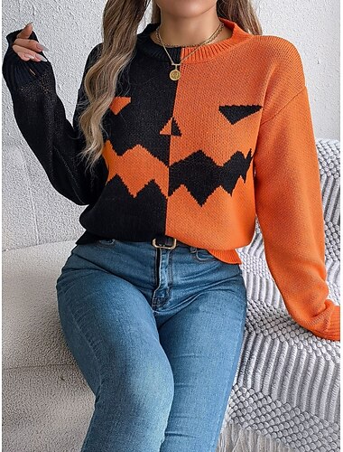  Dame Sweater Casual Blød Grafik Ribbet Crew Neck Strikket Lange Ærmer Regelmæssige Toppe Strik Halloween Orange Khaki Efterår Vinter Forår
