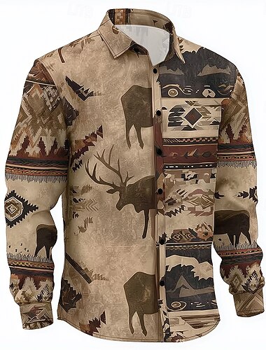  رجالي الرنة ازتيك الثقافة الهندية قميص زر حتى القميص كم طويل عرقي ريترو خمر الأماكن المفتوحة فضفاض الصيف الربيع طوي طباعة ثلاثية الأبعاد قميص بياقة كاكي