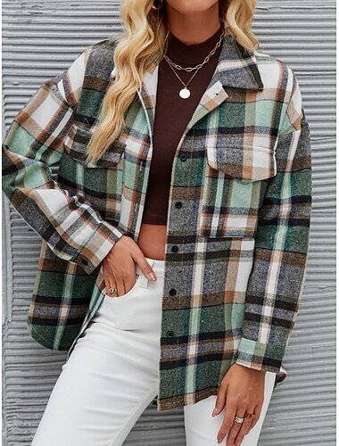  Mujer Chaqueta de camisa Chaqueta casual Cómodo Transpirable Bolsillo Botones Estampado Casual Plaid Vacaciones Calle Casual Ropa Cotidiana Botonadura Simple Regular Cuello Vuelto Ajuste regular