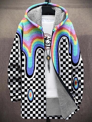  Herren Karo Wintermantel Fleecejacke Mantel Thermowarm Bequem Lässig Alltagskleidung Reißverschluss Tasche 3D-Druck Herbst Winter Mit Kapuze Langarm Regenbogen