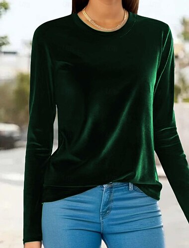  Camisa de Veludo Feminina Tops Elegantes de Trabalho Formal Blusa Tops Noturnos Elegantes Boemia Vintage Manga Longa Gola Redonda Tops Regulares Preto Vermelho Azul Laranja Verde Primavera Outono