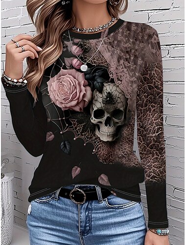  T-shirt για γυναίκες Halloween Γραφικό κρανίων Floral Vintage Στυλάτο Κλασικό Μακρύ Μανίκι Λαιμός Crew Στρογγυλός Λαιμός Κανονικά Τοπ Καθημερινές Εκτυπώσεις Σκοτεινής Ροζ Άνοιξη Φθινόπωρο Χειμώνας