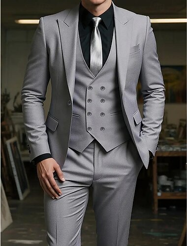  Pour des hommes Mariage Affaires Costumes de mariage Revers en Pointe Grise Formel Couleur Unie Coupe Slim 3 pièces